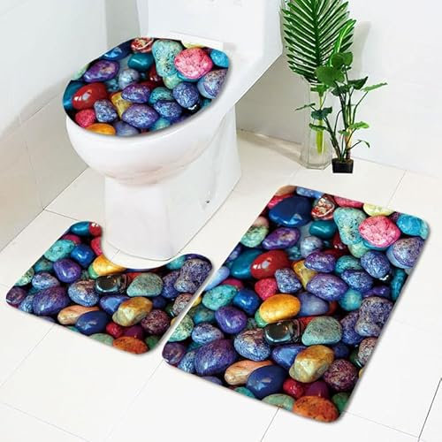 Bad Teppiche Set Lila Blaue Kieselsteine Badezimmerteppich Waschbar WC Vorleger mit Ausschnitt und WC Deckelbezug 3 Teilig Badematte rutschfest Toilettensitzbezug Badgarnitur 50x80 cm