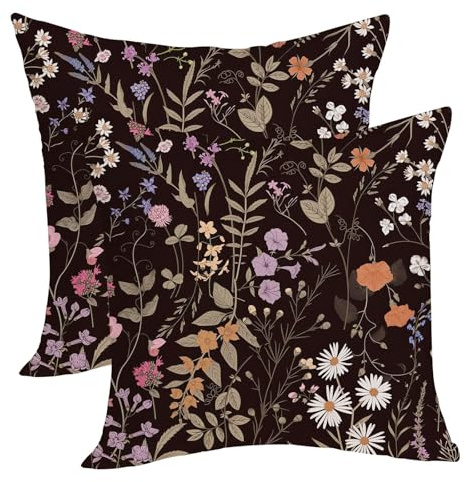 Spring Floral Pillow Covers 20x20 Pack of 2 Black Botanical Herbs Wildflower Throw Pillow Covers Outdoor,Summer Flower Plant Decorative Pillowcase Farmhouse Linen Cushion Case for Home Sofa