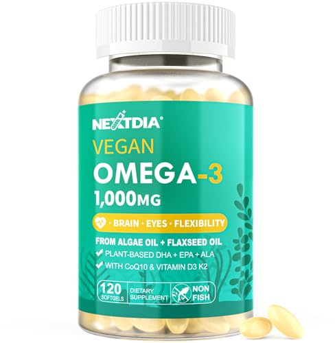 Vegan Omega 3 EPA DHA ALA Supplement + CoQ10, Vitamin D3 K2 (MK7) for Women Men | 1000mg Algae Oil as Fish Oil Alternative | Plant Based Omega 3 Mini Softgels for Bone, Brain, Eye, Skin | 120 Pills
