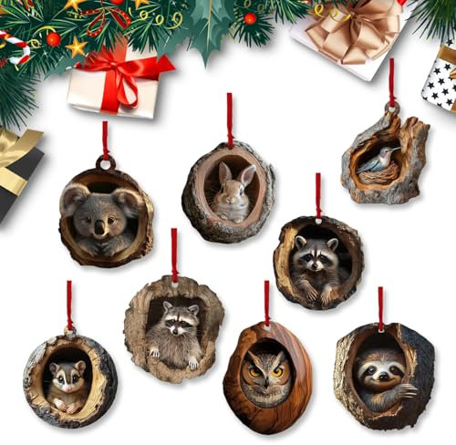 YongSral 8 Pièces Décor Animalier en Acrylique de Noël, Décorations de Sapin 2D, Ornements en Forme d'Animaux, pour Fenêtres et Arbres, Extérieur