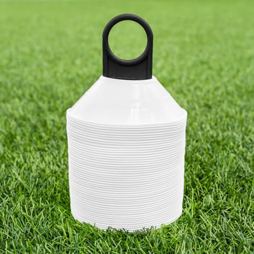 FORZA Mini Plots de Marquage pour Entraînement de Sport [Pack de 50/1000] | Cônes Durables et Polyvalents pour Le Football, Le Rugby et Plus | Support de Transport (Pack de 50, Blanc)