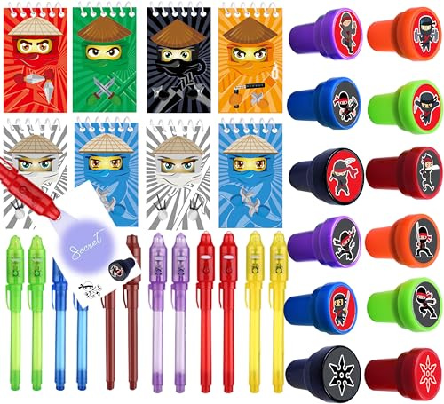Ninja Mitgebsel Set für Kindergeburtstag 6-10 Jahre,12 UV Stifte 12 Notizbücher 12 Stempel,give aways kindergeburtstag,Gastgeschenke, Pinata Füllung,Ninjaoo Party Geburtstags Deko,Klassenbelohnung