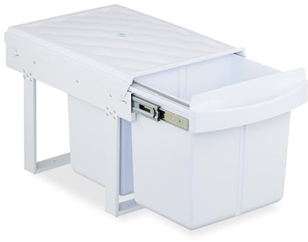 Relaxdays Infällbar papperskorg, 2 fack, 2 x 15 l, HxBxD: 34,6 x 34 x 51,8 cm, utdragbar, sopsystem underskåp, vit