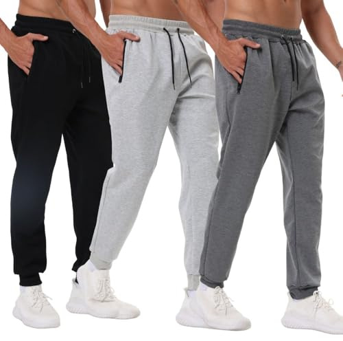 Bsrpolry Paquete de 3 pantalones deportivos para hombre con bolsillos con cremallera, pantalones de entrenamiento para gimnasio, pantalones deportivos para correr y trotar, XL