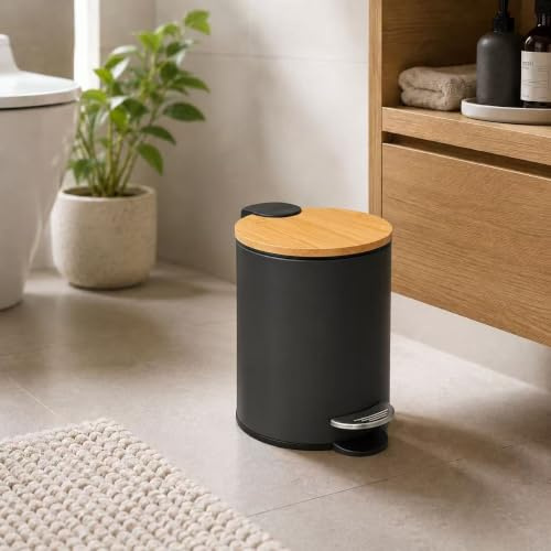 DAMDAM GO Papelera de Baño 3L con Pedal, Tapa de Bambú Natural, Cierre Suave Silencioso, Cubo Interior Extraíble, Acero Antihuellas, Ideal para Baño, Cocina, Dormitorio y Oficina (Gris Oscuro)