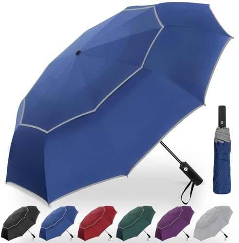 Satol Ombrello da Golf | Doppio Tetto & Ventilazione | Antitempesta & Apertura Automatica 62 Pollici | 10 Spine in Metallo per Massima Stabilità | Con Strisce Riflettenti (Blu con Bordo Grigio)