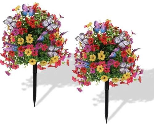 1 Pack Artificial Topiary Ball Trees with Ground Spike Faux Flowers Boxwood Topiary Plant 60cm UV Resistant Fake Greenery Shrubs for Outdoor Room Garden Porch Decor