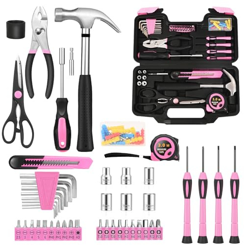 132 Piece Pink Household Tool Set General Household Hand Tool Kit with Plastic Toolbox Storage Case, All Purpose Small Tool Set Great for Home, Garage, Office and College Dormitory Use