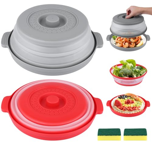 Vandicka Lot de 2 couvercles pour micro-ondes avec plateau, 26,8 cm, protection anti-éclaboussures, résistantes aux hautes températures, avec trous de vapeur, pliables 2 en 1, pour micro-ondes, en