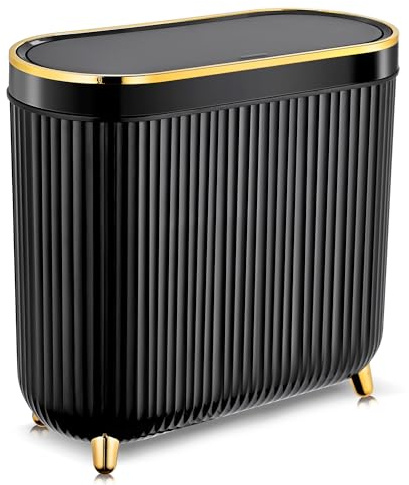 SULIFEEL Bathroom Trash Can with Lid 3.2 Gallon/12L Waterproof Garbage Can Plastic Kithen Bin, Slim for Small Spaces, Bathroom, Kitchen, Office-Black