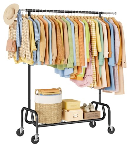JIEJIERUI Heavy-duty Clothing Rack with Wheels, Rolling Clothes Rack with Shelf, Clothes Racks for Hanging Clothes, Metal Standing Garment Racks, Black