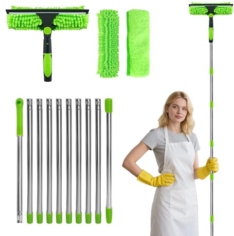 4,5m RéGlable Lave Vitre Telescopique, Raclette Vitre Télescopique (Vert) | Raclette Vitre Telescopique 2 en 1 avec Brosse Microfibre, kit Professionnel de Nettoyage des Vitres, Kit Nettoyage de Vitres