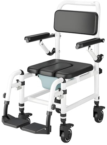NJUN Chaise Percée à roulettes en Alliage d'Aluminium, Fauteuil Roulant Douche Mobile avec Repose-Pieds, Accoudoirs Relevables et Seau Amovible, Siège Toilette et Douche pour Adultes Handicapés