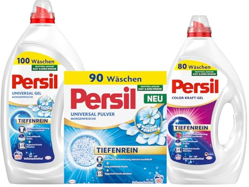 PERSIL Universal Pulver Morgenfrische 90 WL 4,95 kg + PERSIL Universal Kraft-Gel Morgenfrische 100 WL 4,5 L + Gel Color 80 WL 3,6 L – Waschmittel Set für weiße & bunte Wäsche