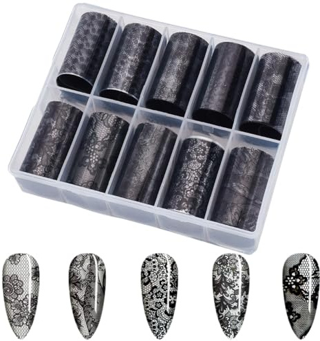 SOFPLATE 1 Schachtel 10 Rollen Nagelfolien Transfersticker Mit Spitze Schwarze Nagelfolie Mit Spitzenblumen Hohle Blumenmuster Folien Maniküre Aufkleber Für Damen Maniküre Tipps DIY Kunst Dekoration