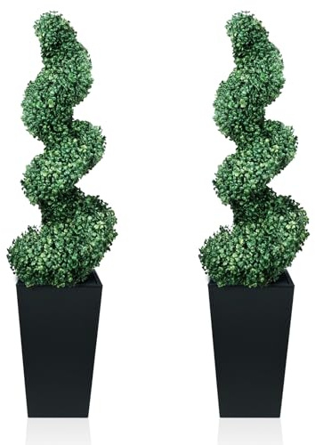 MixcMax Artificial Boxwood Spiral Topiary Trees with Tall Black Planter, Set of 2 Realistic Potted Plant Weather Resistant Greenery for Front Door Porch Garden Office Home Indoor Outdoor Decor