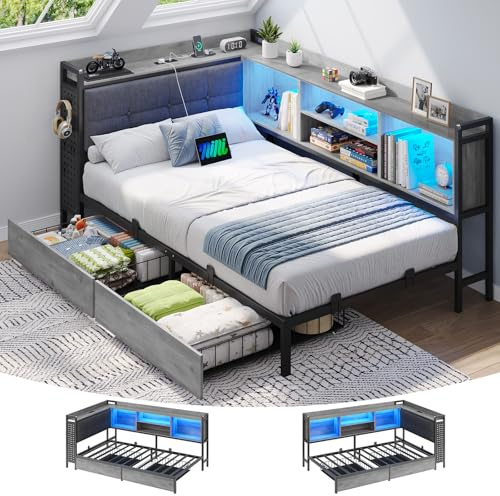 Brinlawb 3ft Single Bed Frame with Upholstered Headboard, Charging Station (2 AC Sockets, 2 USB Ports) and LED Lights, Single Bed with Storage, 2 Drawers, Reversible Left/Right Hand Assembly, Grey Oak