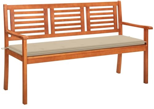 QJBSAVVA Gartenbank 3-Sitzer aus Massivholz Eukalyptus, 150 cm Holzbank mit Beiger Auflage und ergonomischer Rückenlehne, robuste Sitzbank für Garten, Terrasse und Veranda, geölt