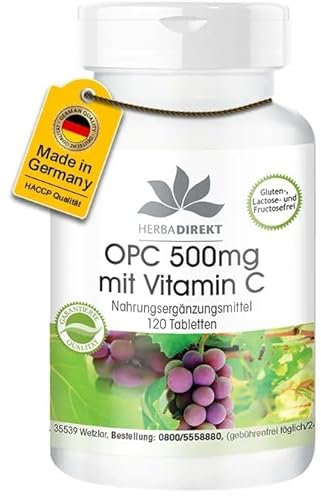 OPC 500mg mit Vitamin C - 120 Tabletten - Traubenkernextrakt - hochdosiert | HERBADIREKT by Warnke Vitalstoffe - Deutsche Apothekenqualität