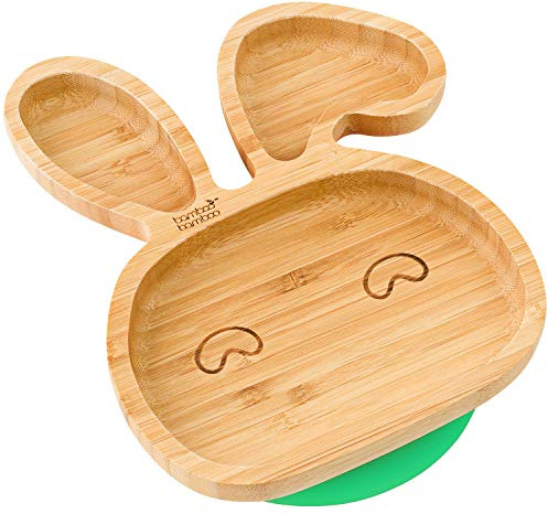 bamboo bamboo Baby E Piatto Bambini, Piatto Bambù Con Suzione Sicura Per Pasti E Svezzamento, Piatto Coniglio Con Base Antiscivolo, Piatti Per Neonati Da 6 Mesi (Coniglio, Verde)