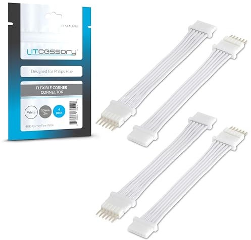 Litcessory Flexibler Eckverbinder/Verlängerungskabel für Philips Hue Lightstrip Plus (50mm, 4 Stück, Weiß - MIKRO 6-POLIG V4 / Solo Lightstrip)