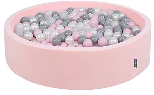 KiddyMoon Bällebad 120X30cm/200 Bälle Rund Groß Bällepool Mit Bunten Bällen Für Babys Kinder, Rosa:Perle-Grau-Tansparent-Puderrosa