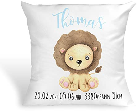 Tachinedas Kreativshop Personalisiertes Kissen mit Löwe Geschenk zur Geburt oder Taufe mit Namen und Datum Junge
