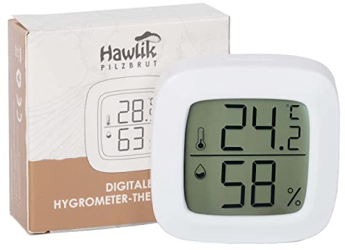 Digitales Mini Thermometer/Hygrometer - Hawlik Pilzbrut - Temperatur Luftfeuchtigkeit Messgerät - ideal für die Anzucht von Pilzen oder Pflanzen, klein und handlich inkl. Magnet