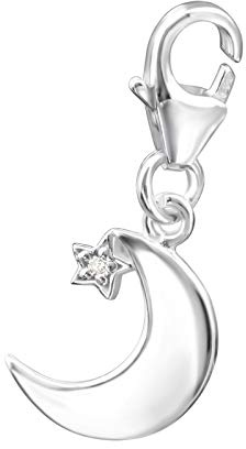 I love silver jewellery 925 Sterling Silver Moon and Star Charm with CZ Crystal - Crescent Moon Dangle Pendant with Lobster Clasp - Fits Charm Bracelets & Necklaces