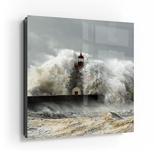 DEQORI Schlüsselkasten schwarz | 30x30 cm | Motiv Leuchtturm bei Sturmflut | Glas & Metall Schlüssel-Box | Schlüsselschrank mit 50 Haken + 2 Magnete | Moderne Box magnetisch & beschreibbar