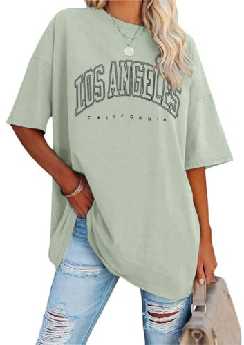 Tomwell Los Angeles T-shirt à manches courtes pour femme,Col rond,Pour le sport,Avec lettres imprimées,Chemisier ample,Tunique longue pour adolescentes et filles, C vert clair., XXL