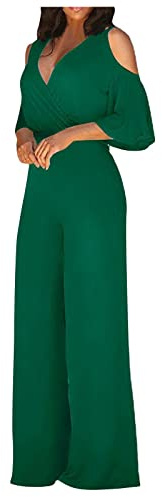 Combinaisons Et Combishorts Femme Chic Et Élégant Rompers Jumpsuit Col V Sexy Taille Haute Salopette De Travail Palazzo Uni Basic Pantalon Fluide Été Chic Overall Pants Vert M