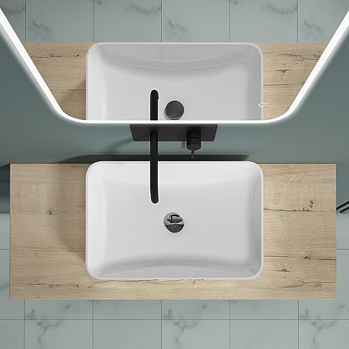 doporro Mensola Sospesa per Lavabo da Appoggio 50x120 cm in Legno Rovere Chiaro, Consolle da Parete per Bagno con Staffe, Mobile da Bagno Design Industriale Platte04
