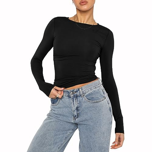 Women's Casual Crop Tops Slim Fit Top Crew Neck Long Sleeve Tight T-Shirt Basic Blouse Tee Tops