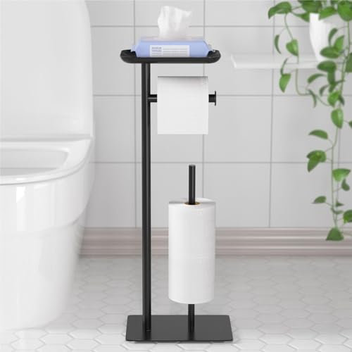Black Toilet Paper Holder Stand with Top Storage Shelf, Free Standing Floor Dispenser for 4 Reserve Rolls