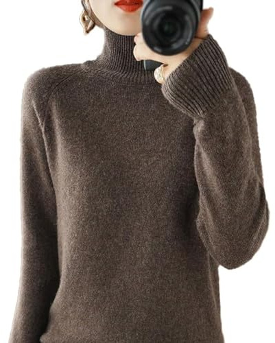 BAWUTZ Cashmere Sweater for Women, Women's Turtleneck Sweater, Long-Sleeved Sweater, Casual Sweater, Stand-up Collar Knitted Sweater, Long-Sleeved Turtleneck Sweater for Autumn Winter (Kaffeefarbe,L)
