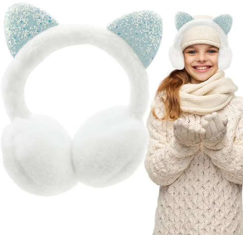 Auswalar Sequin Cat Ear Earmuffs for Women Girls, White Faux Fur Plush Adjustable Ear Warmers, Soft Windproof Cold Weather Ear Covers Winter Outdoor Accessories
