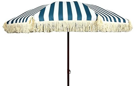 LIFE IS Ombrellone 200 cm, 8 stecche in fibra di vetro.Palo 32 mm in acciaio effetto legno con snodo.Tessuto poliestere con frange.Righe Blu