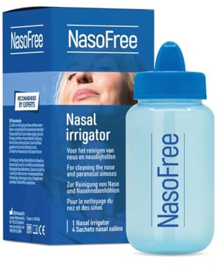 NasoFree Douche nasale - Rinçage nasal séparé - Contre le rhume - Pologne dû au rhume des foins - avec 4 sachets de sel de rinçage nasal Dos Medical - Avec chlorure de sodium et bicarbonate de sodium.