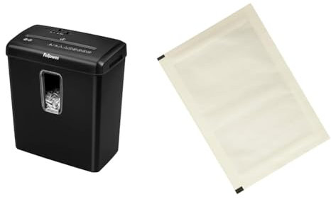 Fellowes Aktenvernichter 6 Blatt Partikelschnitt (P4) & Amazon Basics - Schmiermittelblätter für Aktenvernichter, 12er-Pack Automatisch, Mikroschnitt, Weiß