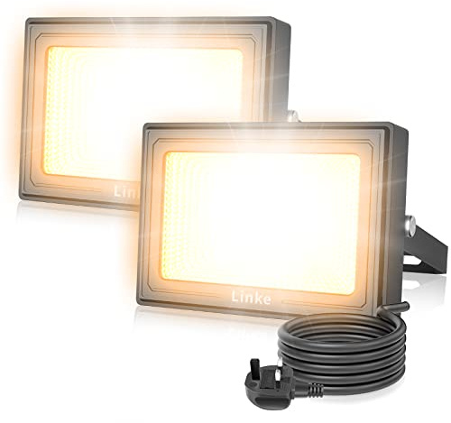 Linke LED Floodlight Outdoor 15W, 1200LM Work Lights with Plug, IP66 Waterproof Led Outdoor Lights, 2700K Warm White Wall Lights for Garden, Porch, Courtyard, Garage & Warehouse, 2 Pack