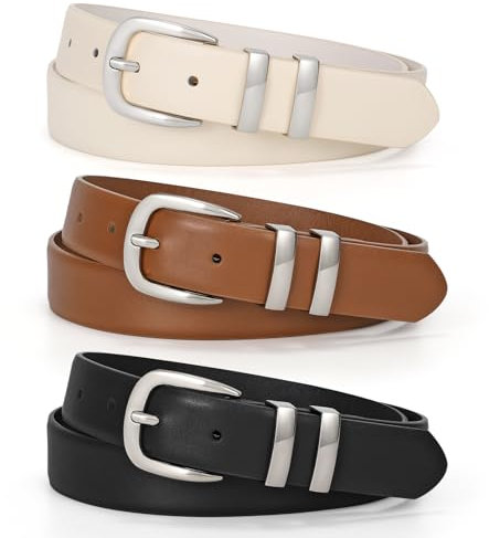 WERFORU 3 Stück Damen Ledergürtel für Jeans Modische Damen Gürtel mit Metallschnalle Schwarz/Braun/Beige