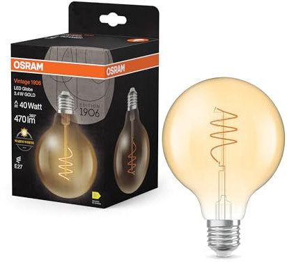 OSRAM Vintage 1906 Globe est une blanc chaud avec un filament en spiraen forme de bouclassique. Il propose 3,4 W pour 470 lm,E27, verre doré, diamètre 95 mm, 2700 K.
