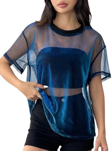 OYOANGLE Women's See Through Top Metallic Mesh Sheer Short Sleeve Rave T-Shirt Blue S