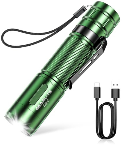 GEARLITE Linternas LED Alta Potencia Recargable, 2000 Lúmenes Linterna LED Alta Pequeña Potente con Zoom, IP65 Impermeable Linterna para Niños Largo Alcance 3 Modos para Camping, Emergencia, Verde