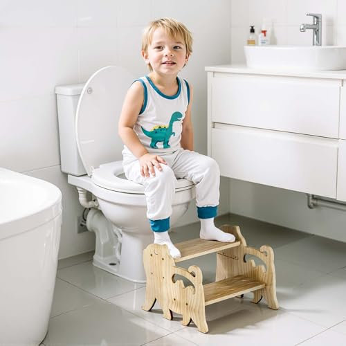 COSYLAND Marchepied pour lavabo de salle de bain – Hauteur réglable – Tabouret à 2 marches pour enfants – Joli tabouret d'apprentissage de la propreté en bois avec poignées pour salle de bain, cuisine