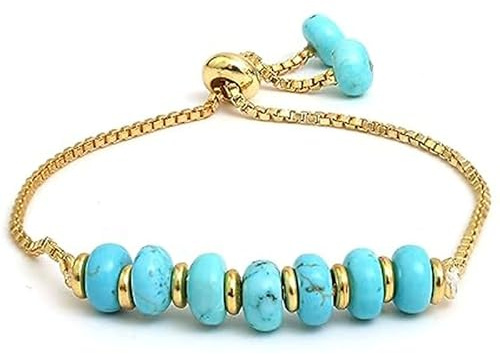 Gems_Hub FIZA_LINK_02383 - Pulsera de cuentas redondas de turquesa teñida, piedras azules lisas de 8 mm con cierre dorado, pulsera de eslabones ajustables de 7 pulgadas para hombres y mujeres, 7 inch
