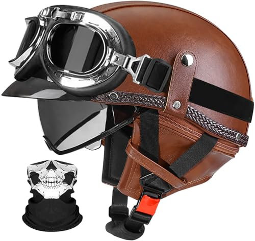 Rétro Casque De Moto Adulte, Casques Bols Casque Jet Demi Casque Semi-Ouvert avec Lunettes, Vintage Casque De Scooter Casque De Sécurité Homologué ECE pour Toutes Les Saisons 5,XXL=63-64CM