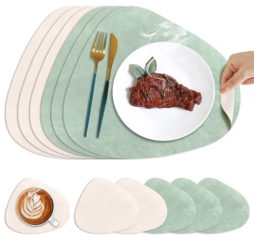 HAGOT 6PCS Tischsets Leder und Untersetzer, Tischsets Abwaschbar Doppelseitigen, rutschfest Platzdeckchen Leder, Hellgrün + Beige