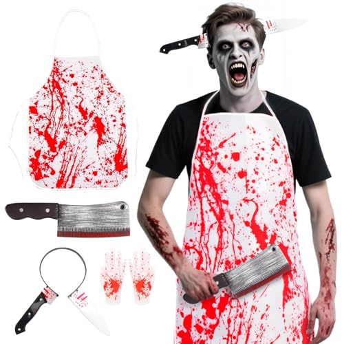 LPZMPZ Halloween Schlächter Kostüm, Metzger Blutige Schürze Halloween, Herren & Damen Metzger Kostüm Set für Halloween Karneval Party